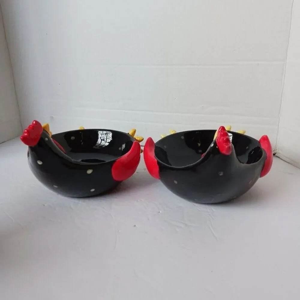 Rooster  2pcs Ceramic Trinket Dish Black White Polka Dots
